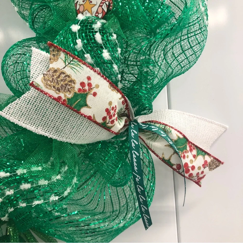 Handmade Gnome Deco Mesh Wreath Green White Winter Christmas Xmas Ribbon Glitter